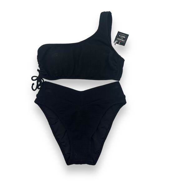 Macy's Black Ribbed Bikini Set Size Medium Salt & Cove One Shoulder Brazilian - Picture 1 of 15